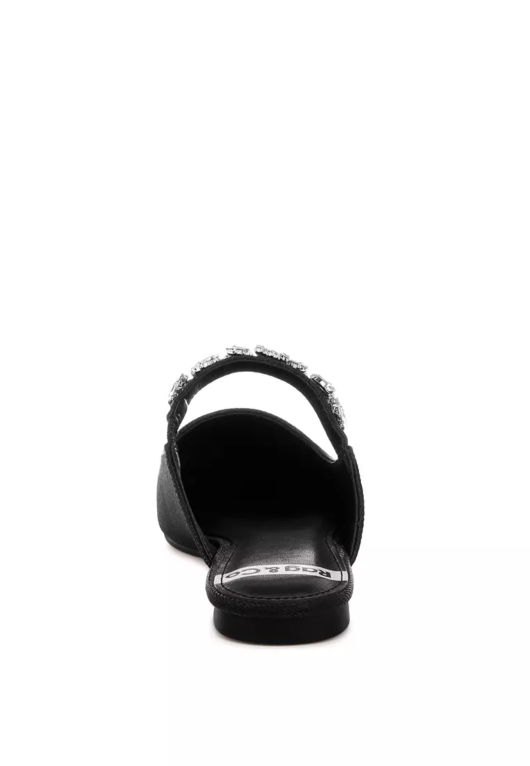 Diamante Strap Glitter Mules in Black