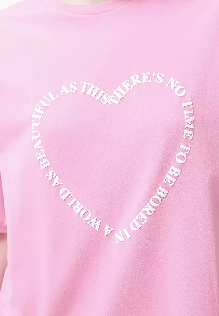 Pink Heart Motto Printed Oversize/Casual Fit Knitted T-Shirt