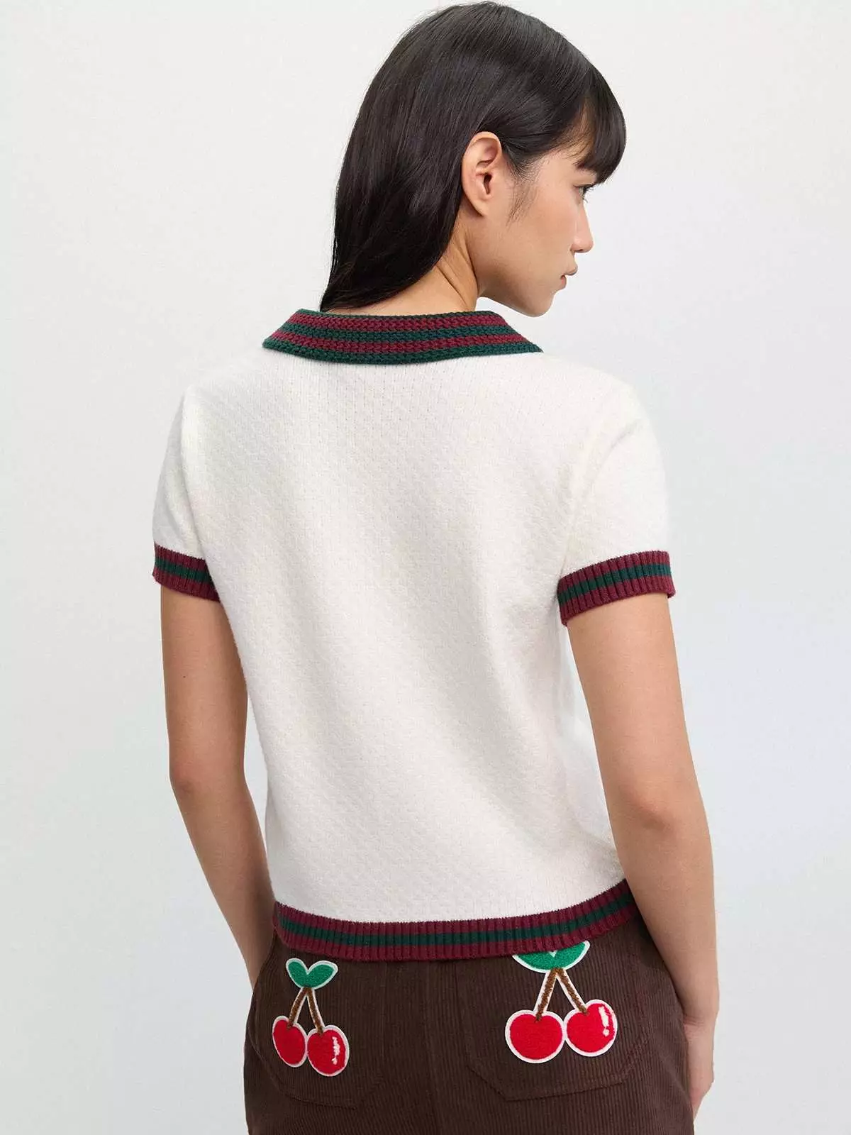 Pomelo - Top Wanita - Contrast Trim Knitted Polo Top - Ivory