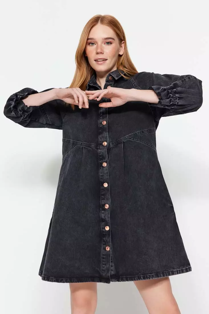 Black oversized denim shirt sales dress