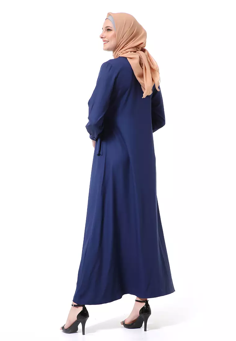 Dilla Long Dress Muslimah Lengan Panjang Relaxed Fit High Quality Premium - Navy Mix Grey