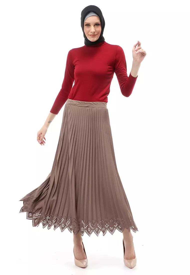 Syafira Rok Plisket Laser Polos Bawahan Wanita Muslimah Premium Quality - Mocca