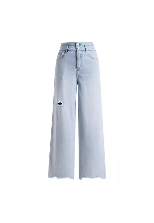 High Waist Wide Leg Denim Jeans with Ripped Hem