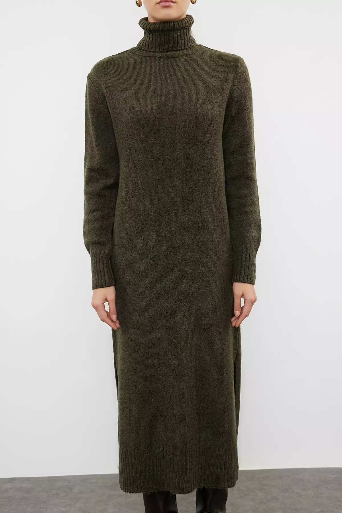 Khaki Midi Wide Fit Soft Texture Knitwear Dress