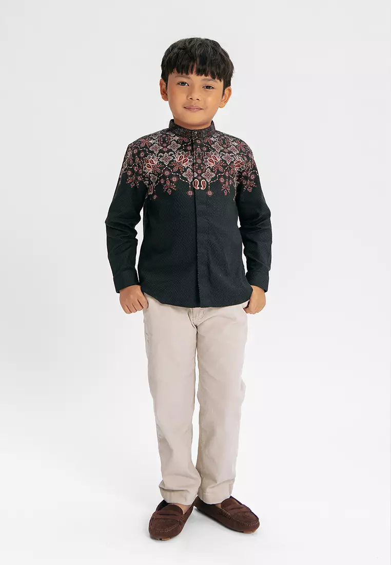 MANZONE - Mahnoor LS Junior - Kemeja Koko Shanghai Anak Lengan Panjang - Black Warna Black
