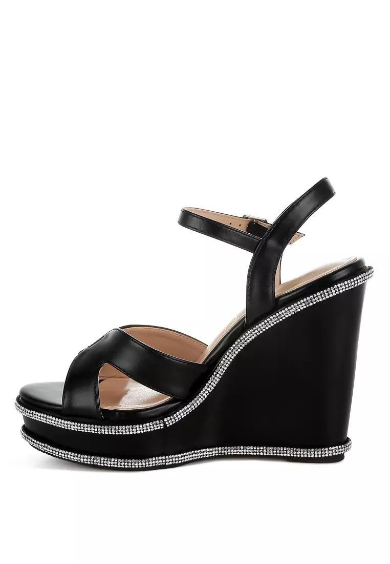 Sandal wedges berhiaskan berlian imitasi warna hitam