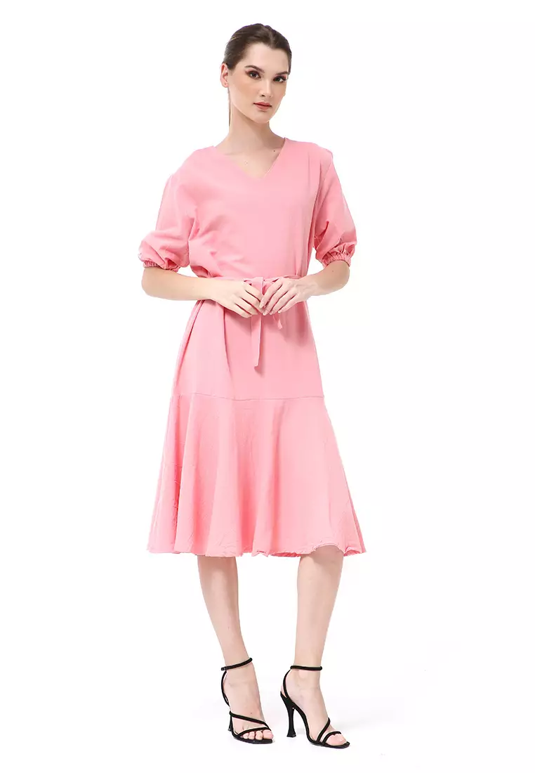 Rachel Midi Dress Ruffle Wanita with Strap Lengan Pendek Material Linen ORIGINAL - Pink