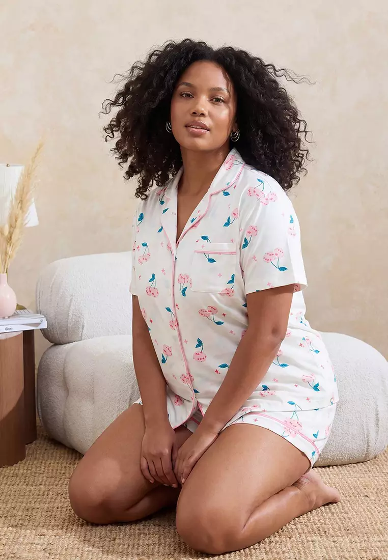 Ecru Cherry Patterned Knitted Large Size Pajama Set Tbbss26Ai00062