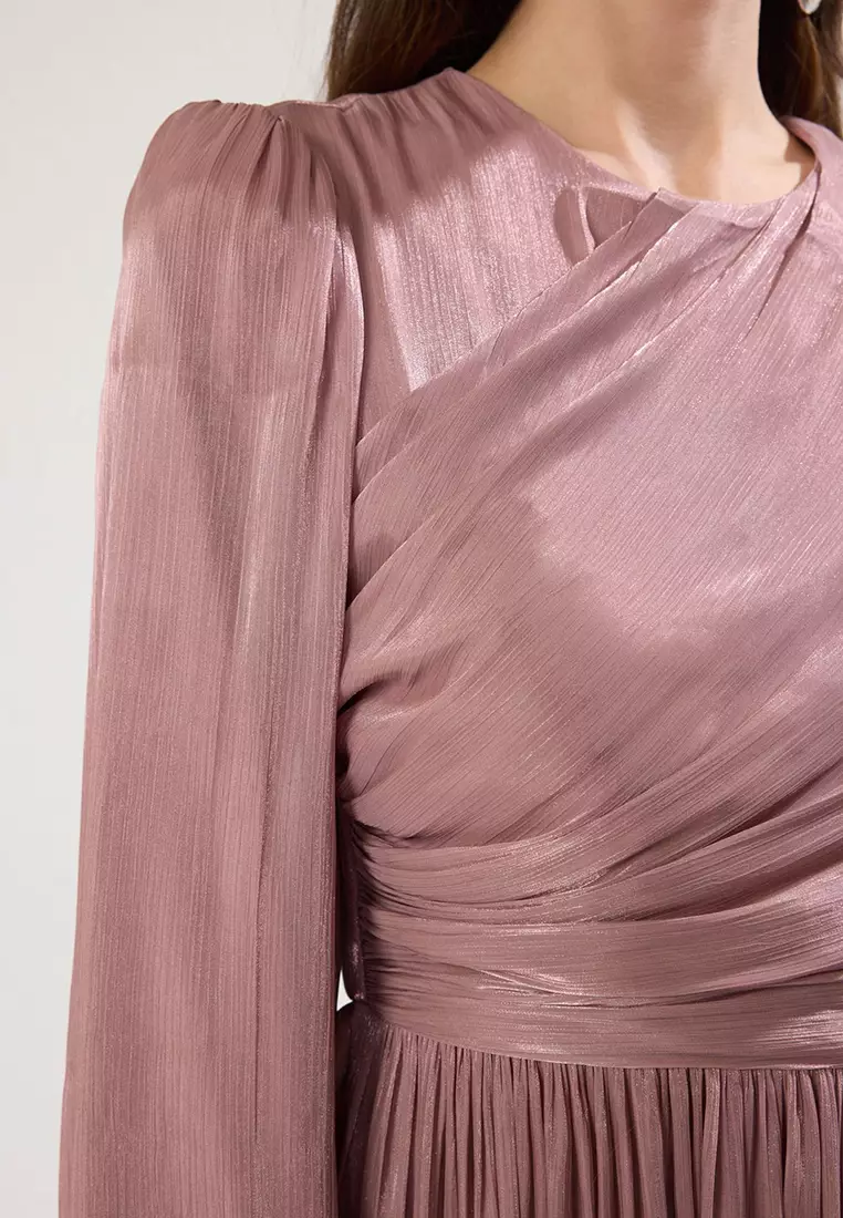 Powder Belt Detail Glittery Lined Chiffon Evening Dress TCTAW25DB00012