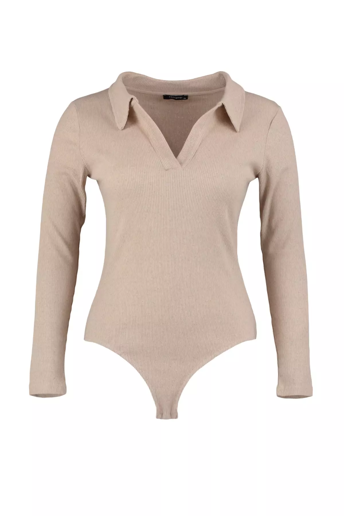 Plus Size Fitted Rivet Knitted Shirt Collar Bodysuit with Snap Fastener