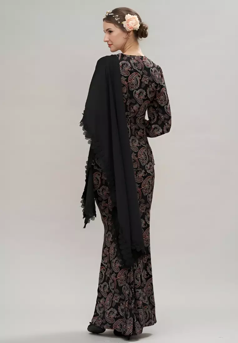Loveaisyah Black Paisley Puff Sleeve Kebaya Top & Maxi Skirt for Hari Raya
