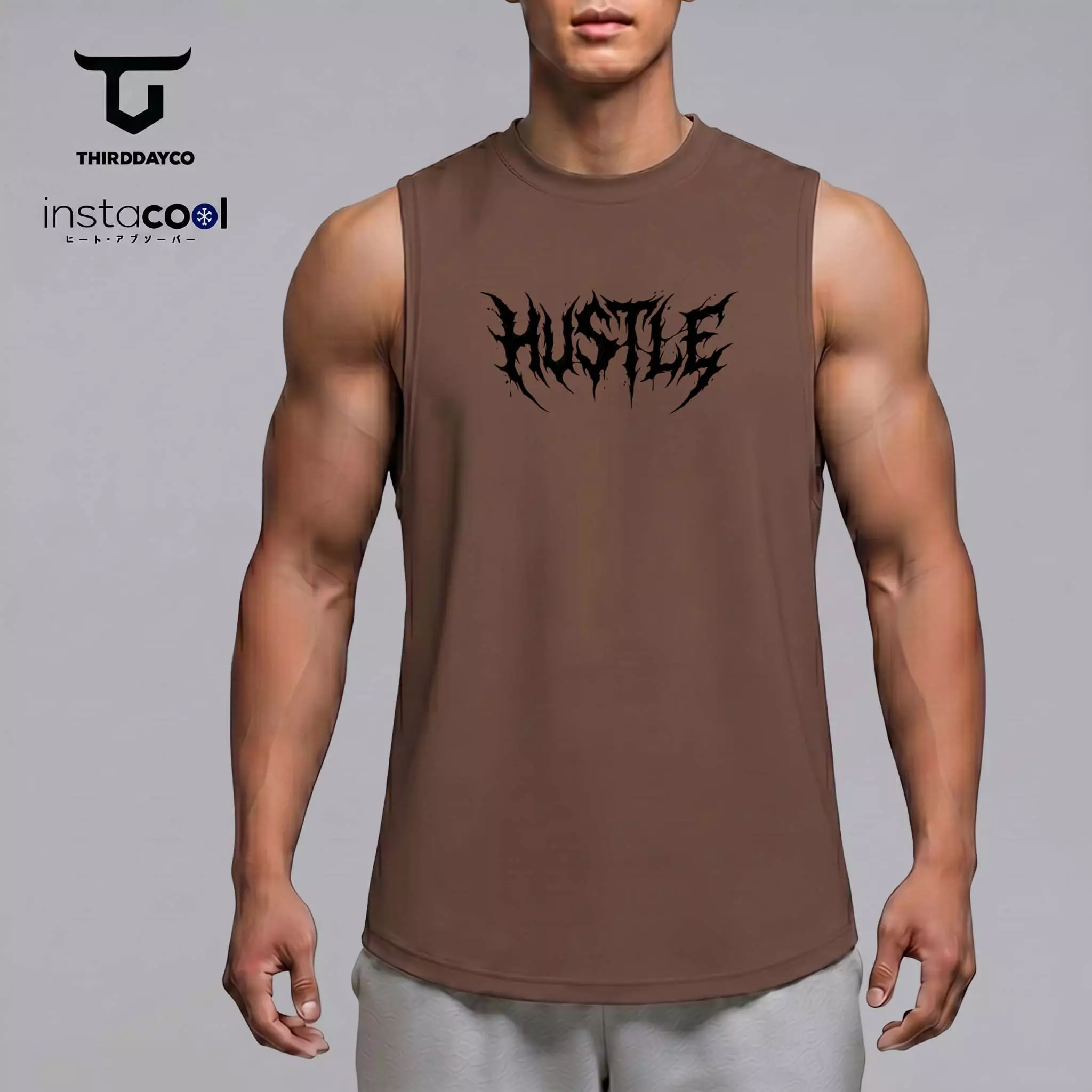 THIRDDAY Kaos Kutung Gym Pria InstaCool | Tanktop Olahraga Adem Dingin Instacool Quick Dry Stretch Fitness Training | hustle coklat SVN MUA64