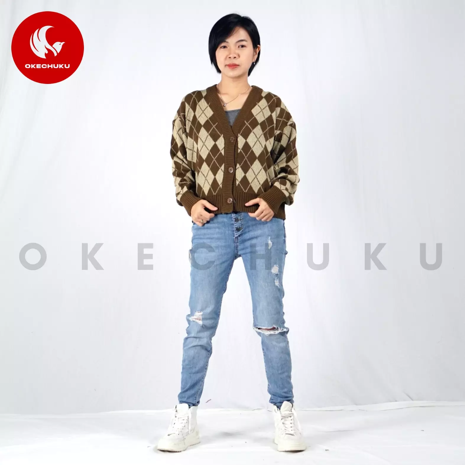  WINDY Cardigan Rajut Wanita Motif Kotak Knit Cardigan Korean Style - BRONZE
