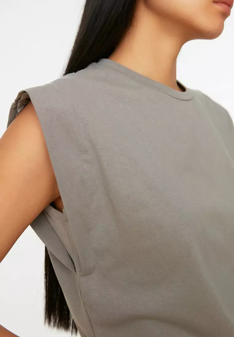 Gray 100% Cotton Wadding Look Basic Crew Neck Knitted T-Shirt TWOSS20TS0021