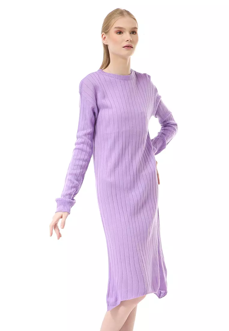 Adela Dress Rajut Tunik Wanita Motif Polos Long Sleeve Relaxed Fit - Lilac