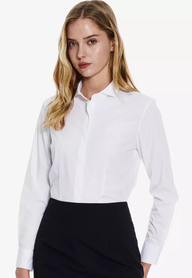 白色一字領標準版長袖襯衫