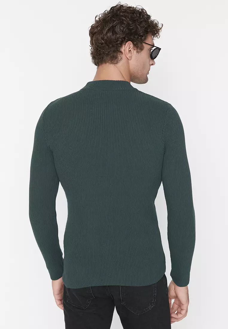 Slim Fit Buttoned Polo Neck Corduroy Knitted Sweater