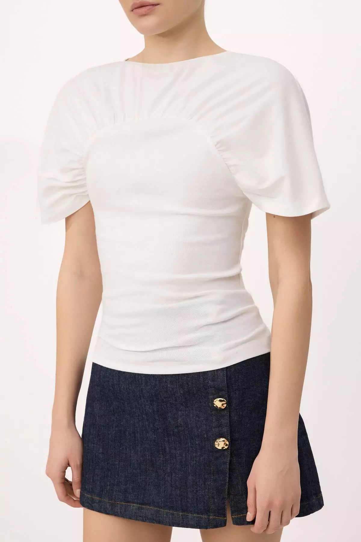 Ecru Fitted/Body-Fitting Boat Neck Short Sleeve 100% Cotton Knitted T-Shirt Twoss26Ts00264