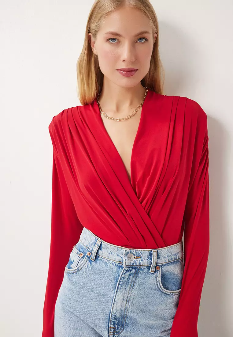 Women's Red Wrap Collar Padded Snap Sandy Blouse Zh00039