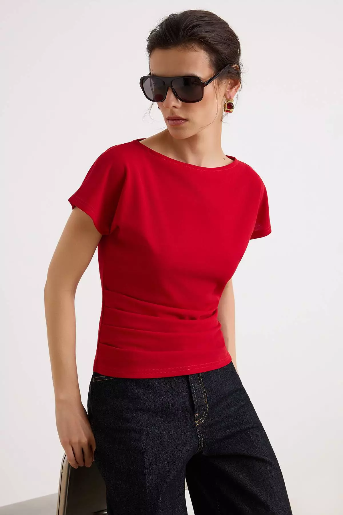Red Fitted/Bodycon Boat Neck Low Shoulder Short Sleeve Scuba Crepe Knitted Blouse Twoss26Bz00080