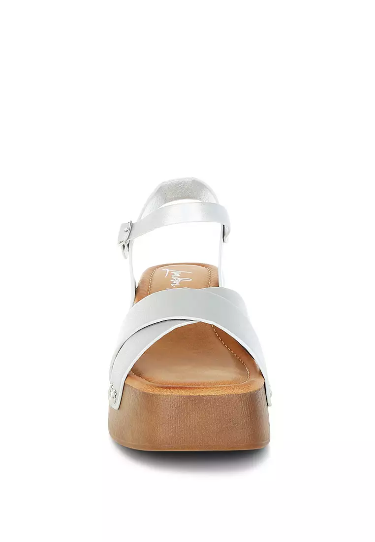 Metallic Faux Leather Clog Sandals in Silver