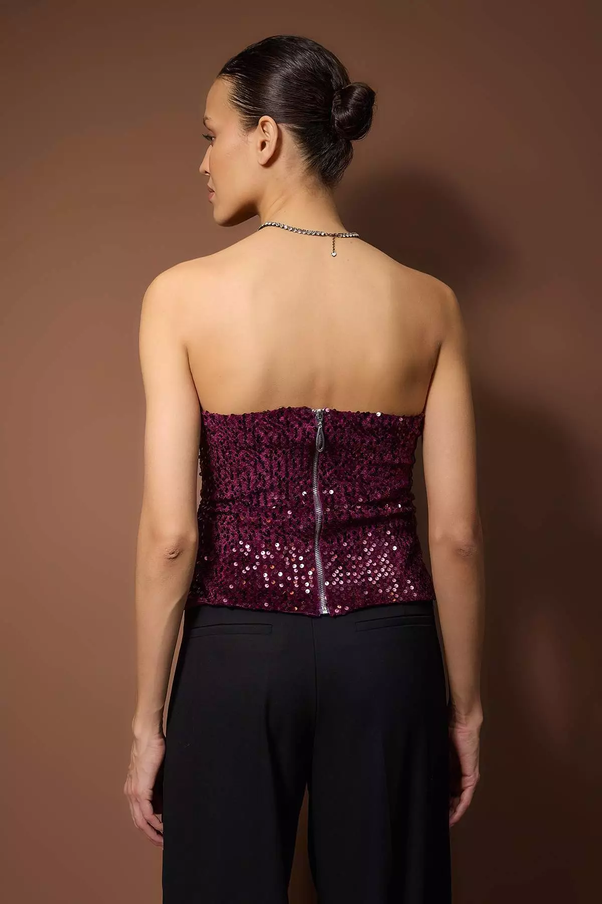 Plum Strapless Sequined Bodycon Party Blouse Tpraw26Bz59