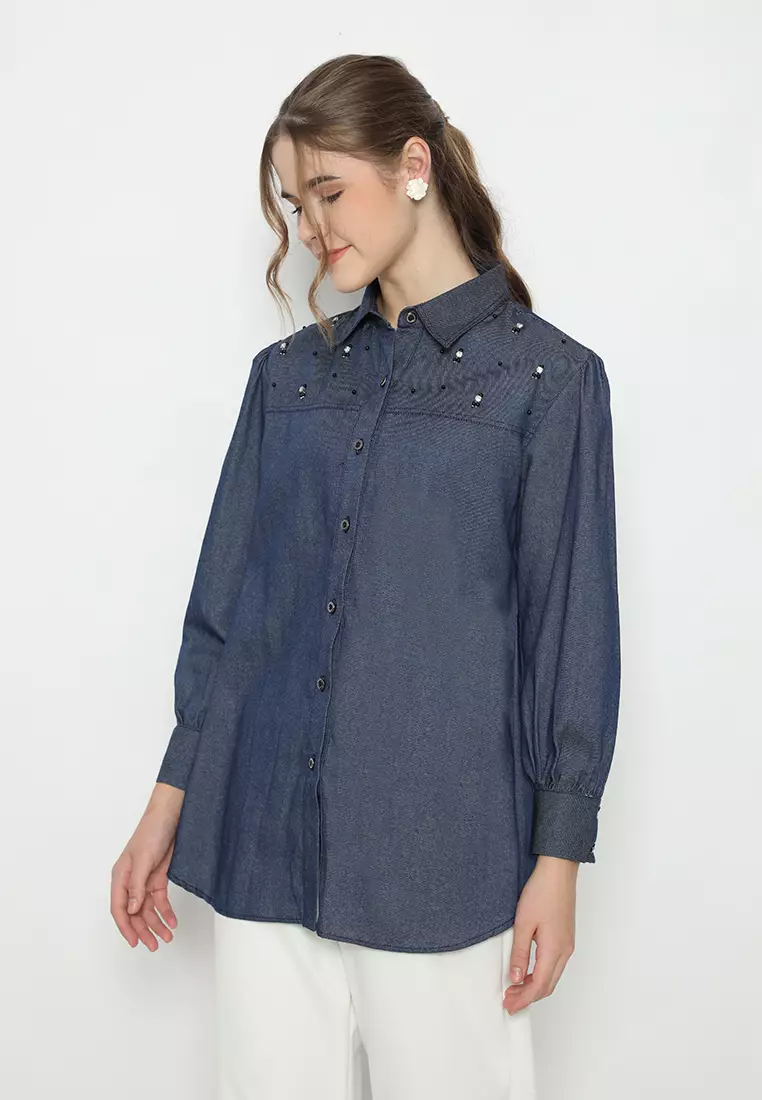 Denim Shirt With Pearl In Navy By Brilliant Girl Warna NAVY