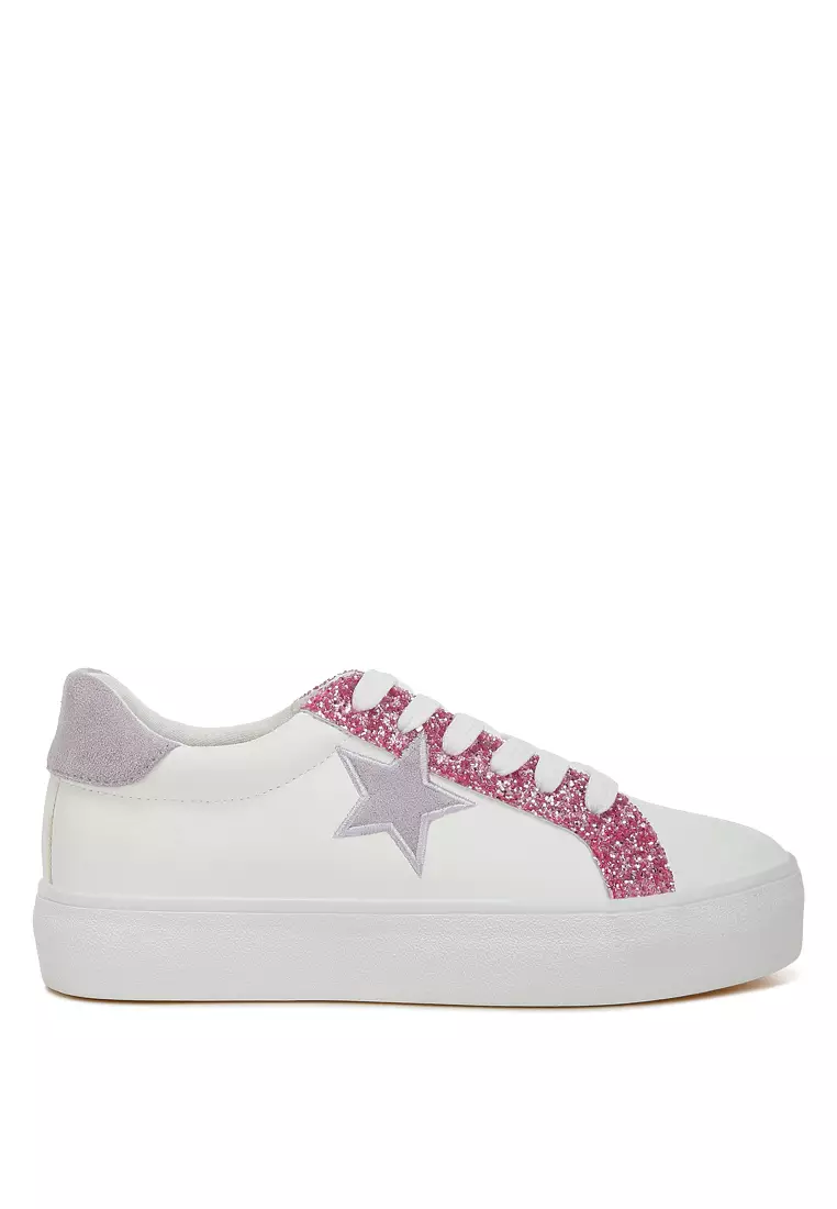Discount on London Rag  shoes - SKU: Metallic Star Glitter Sneakers in White Pink