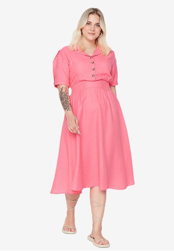 Trendyol pink Plus Size Smock and Buttons Woven Dress E97D6AA5AEF081GS_1
