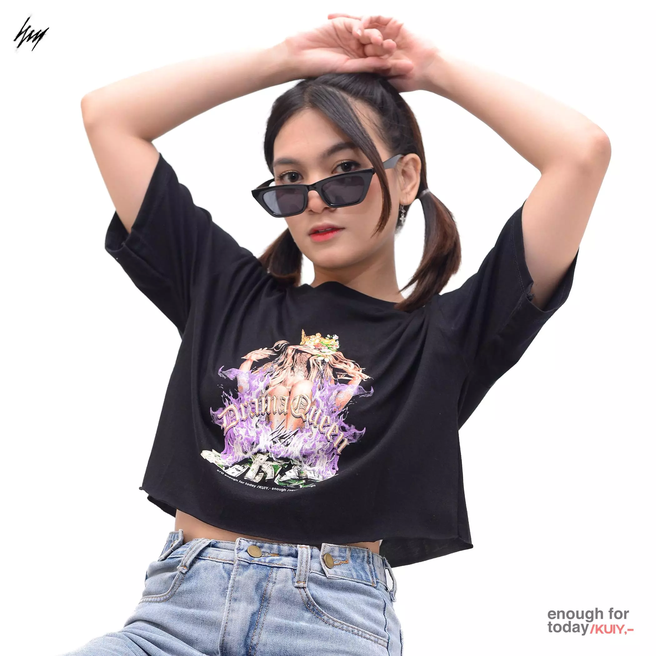 Enough For Today Kaos Crop Top Oversize Hitam Sablon Drama Queen | Crop Graphic Tshirt Wanita
