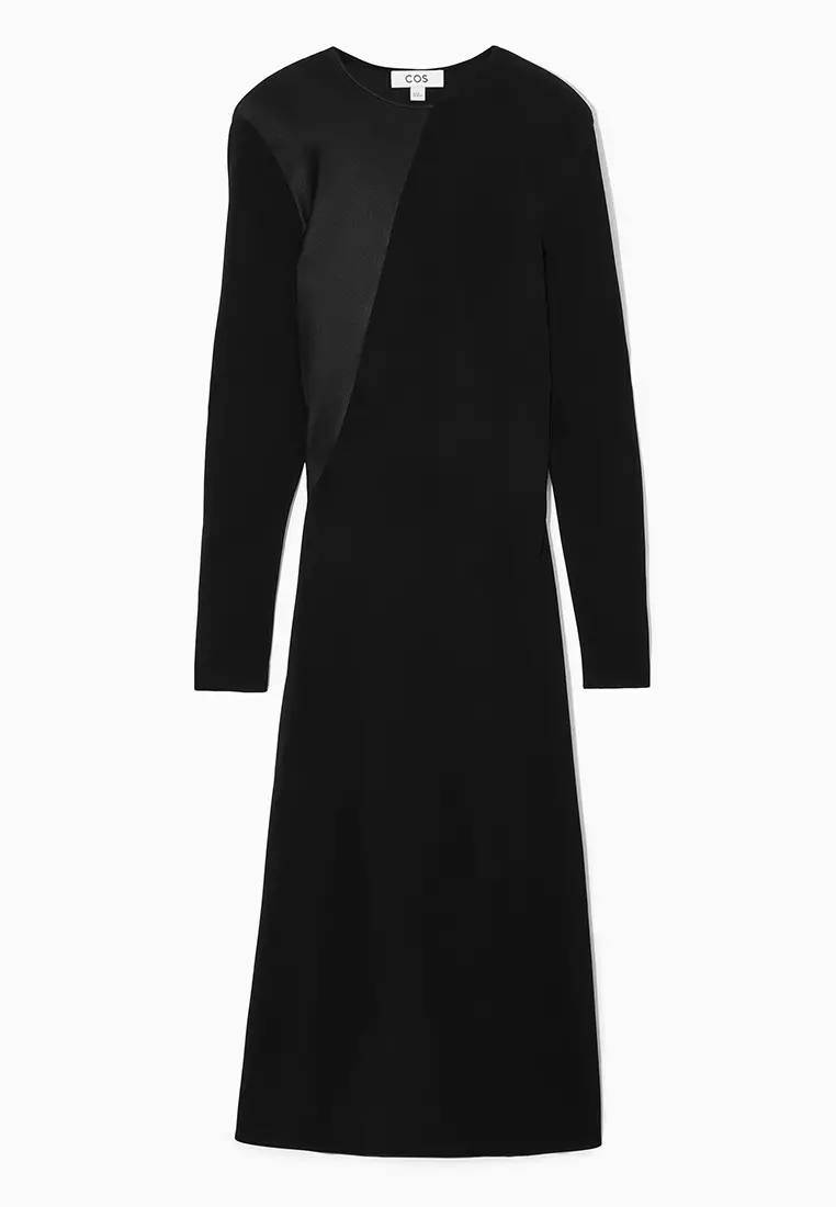 Power-Shoulder Satin-Panel Midi Dress