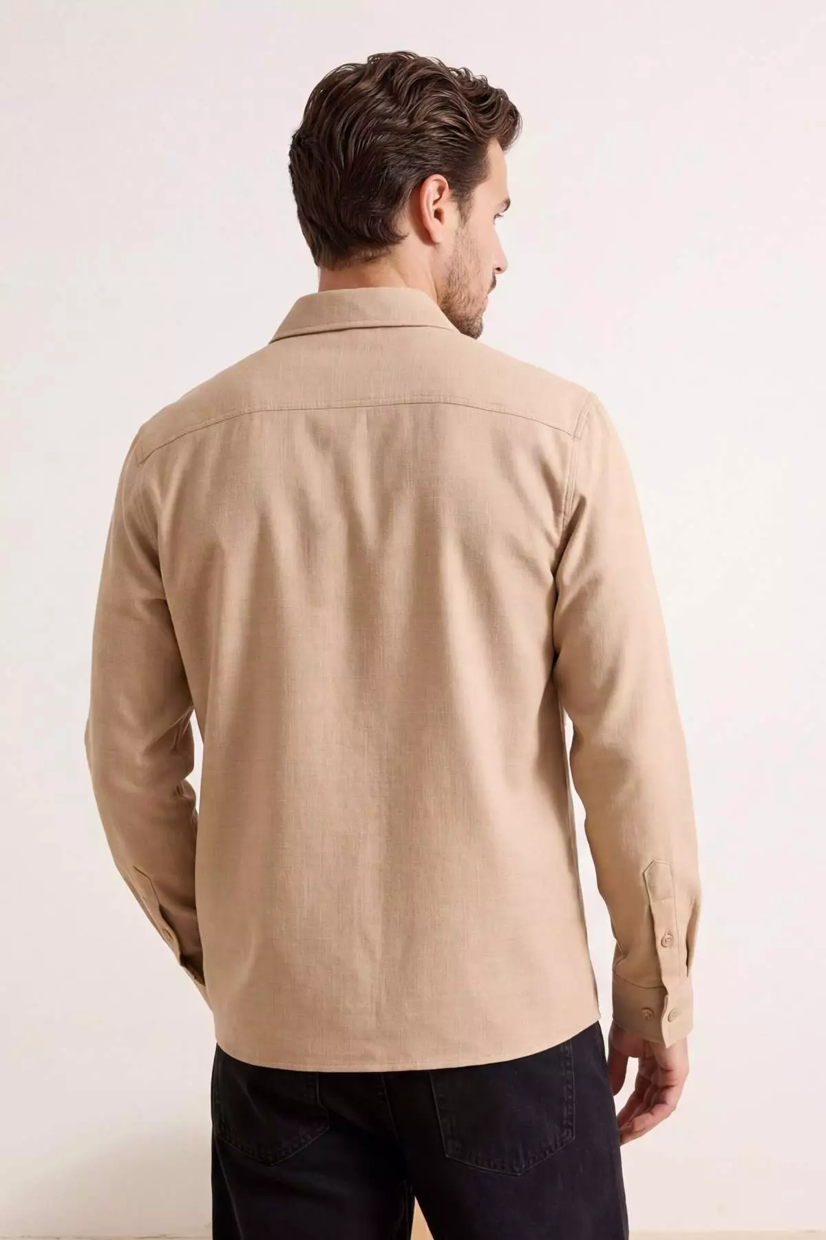 Beige Regular Fit Linen-Look Long Sleeve Men'S Woven Shirt Tmnss26Go00009