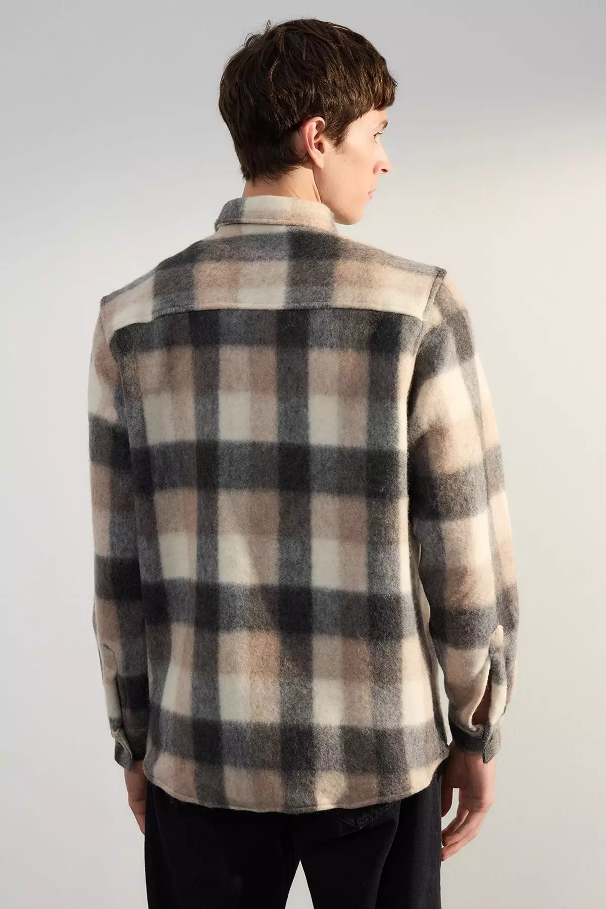 Beige Unisex Regular Fit Winter Plaid Lumberjack Shirt Jacket TMNAW25GO00026