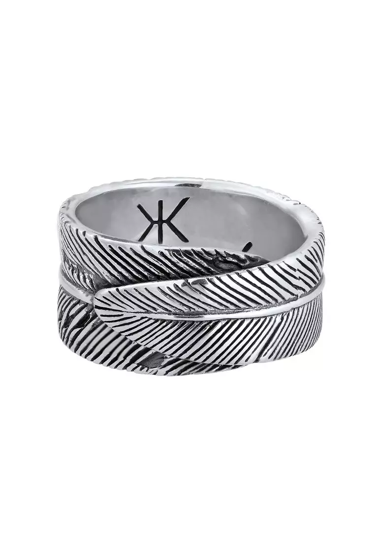 Men's Silver Oxidised Feather Band Ring