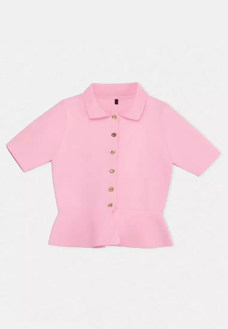 Pink Peplum/Waist Fitted Button Detailed Knitwear Blouse Knitwear Blouse Twoss26Bz158