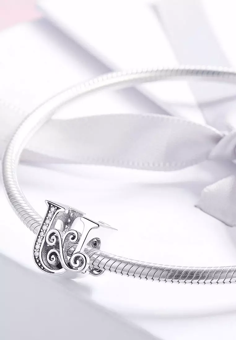 Solid 925 Sterling Silver Vintage Inspired Antique Alphabet Charm U