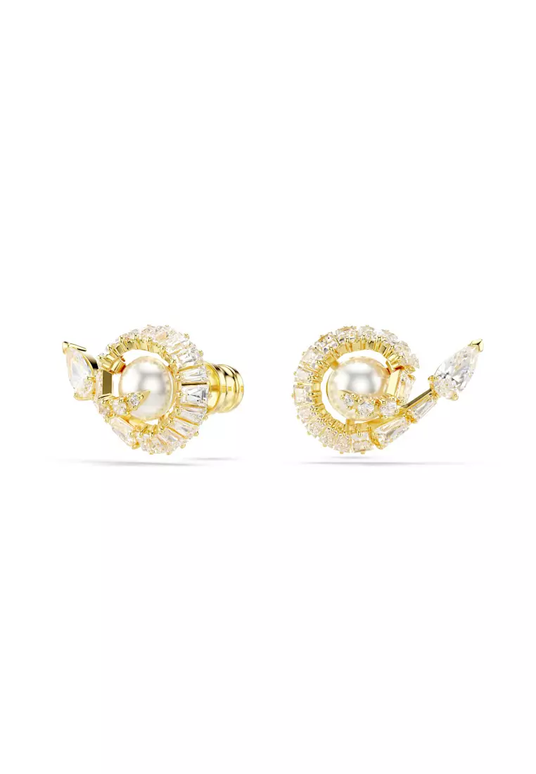 Snake stud earrings, Crystal pearl, Mixed cuts, Year of the Snake, White, Gold-tone plated