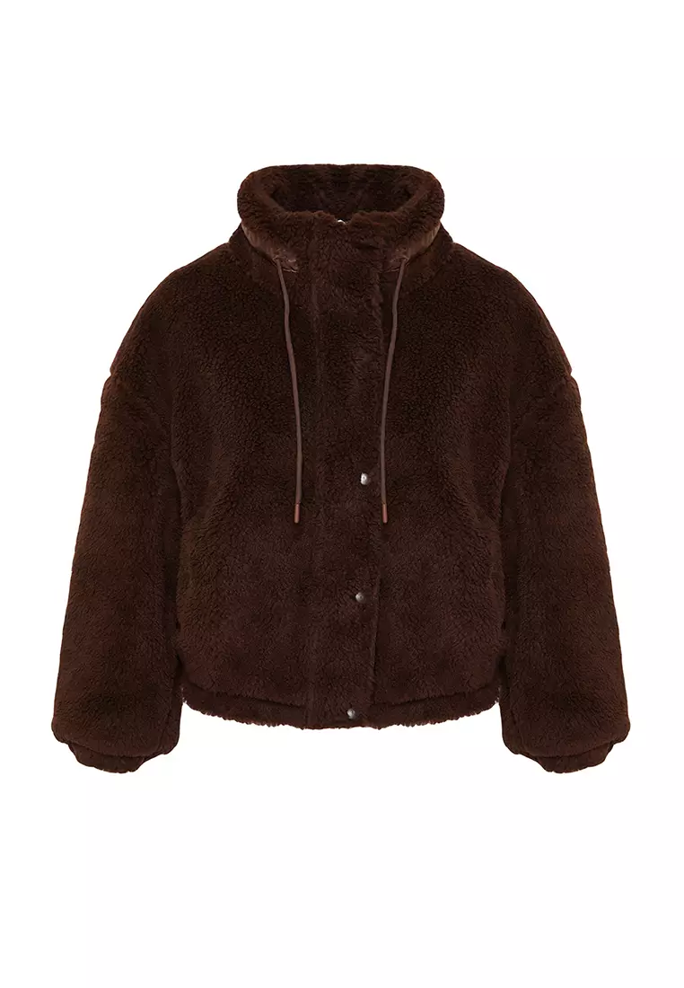 Brown Oversize Molded Zippered Plush Jacket Coat TWOAW21MO0132