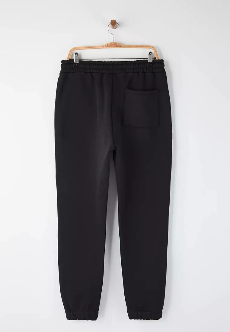 Black Regular Cut Elastic Leg Thick Inside Raised Sweatpants