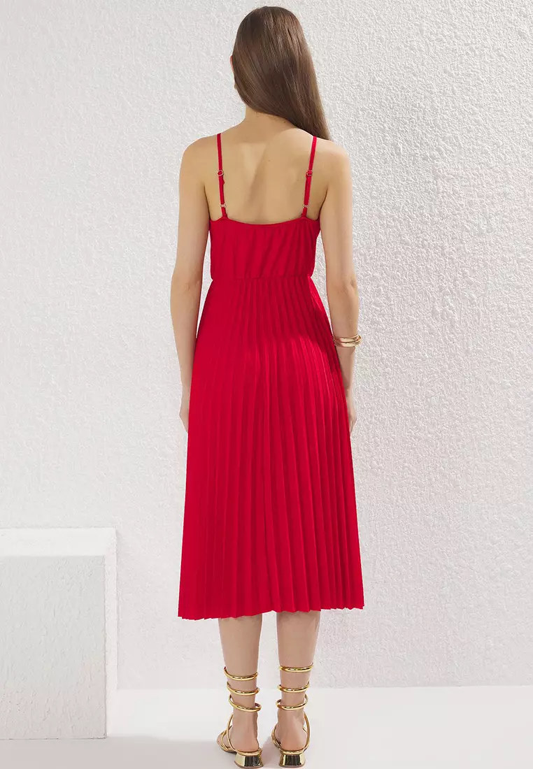Red Waist Opening Midi Double Breasted Pleated Adjustable Strapped Knit Dress Twoss20El2729