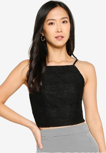 ZALORA BASICS black Straight Neck Fitted Lace Top FE623AABF3CF5EGS_1