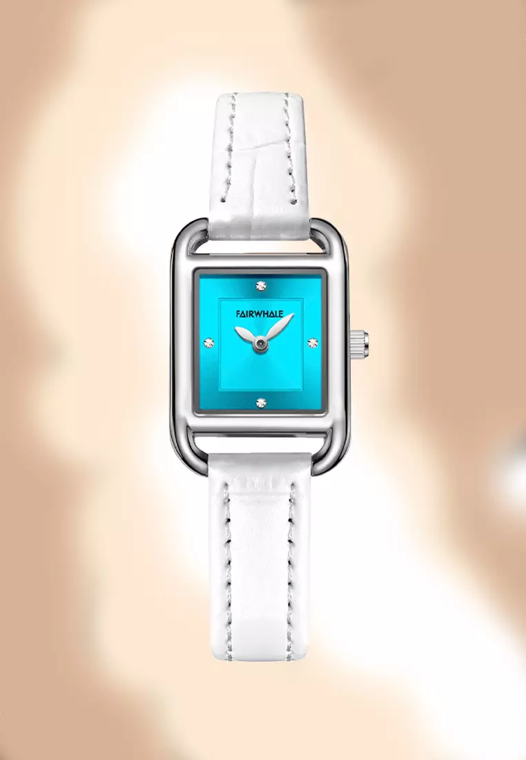 Ladies Stainless Steel Quartz Watch, 22mm, Blue Dial, White Leather Strap