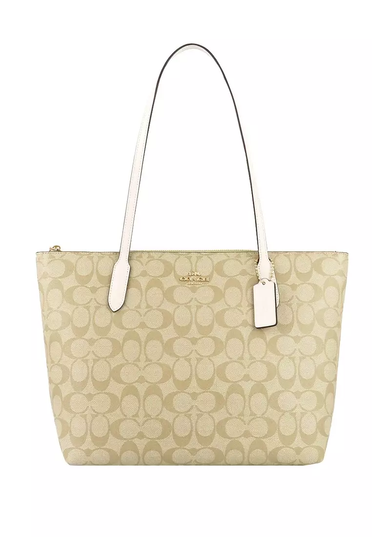 Zip Top Tote In Signature Light Brown/White - Brown