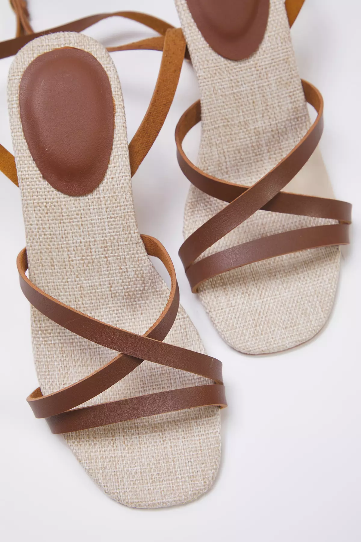 Brown Canvas Detailed Ankle Strap Women's Heeled Sandals Takss25To00086