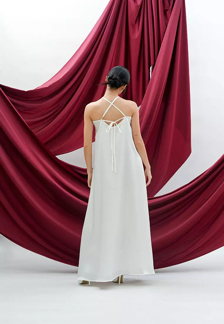 Halter Satin Maxi Dress in White