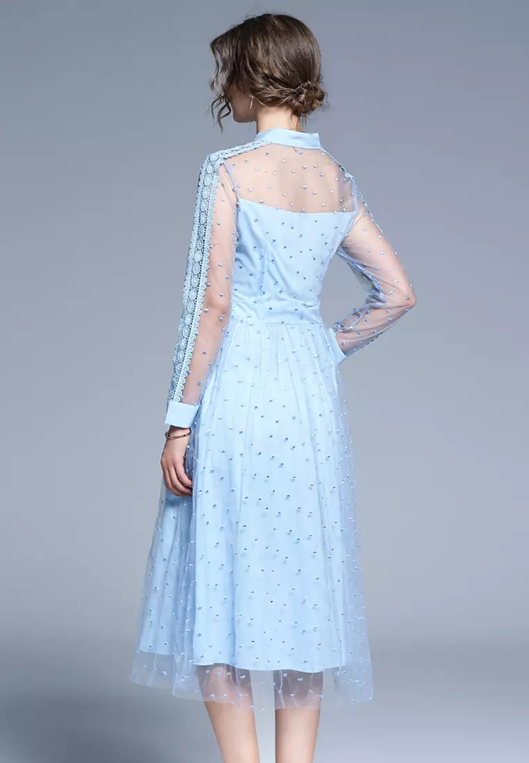 Light Blue See Through Sleeves One Piece Dress A091045