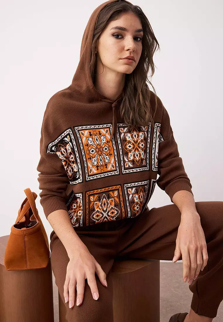 Brown Hooded Ethnic Pattern Knitwear Bottom Top Set