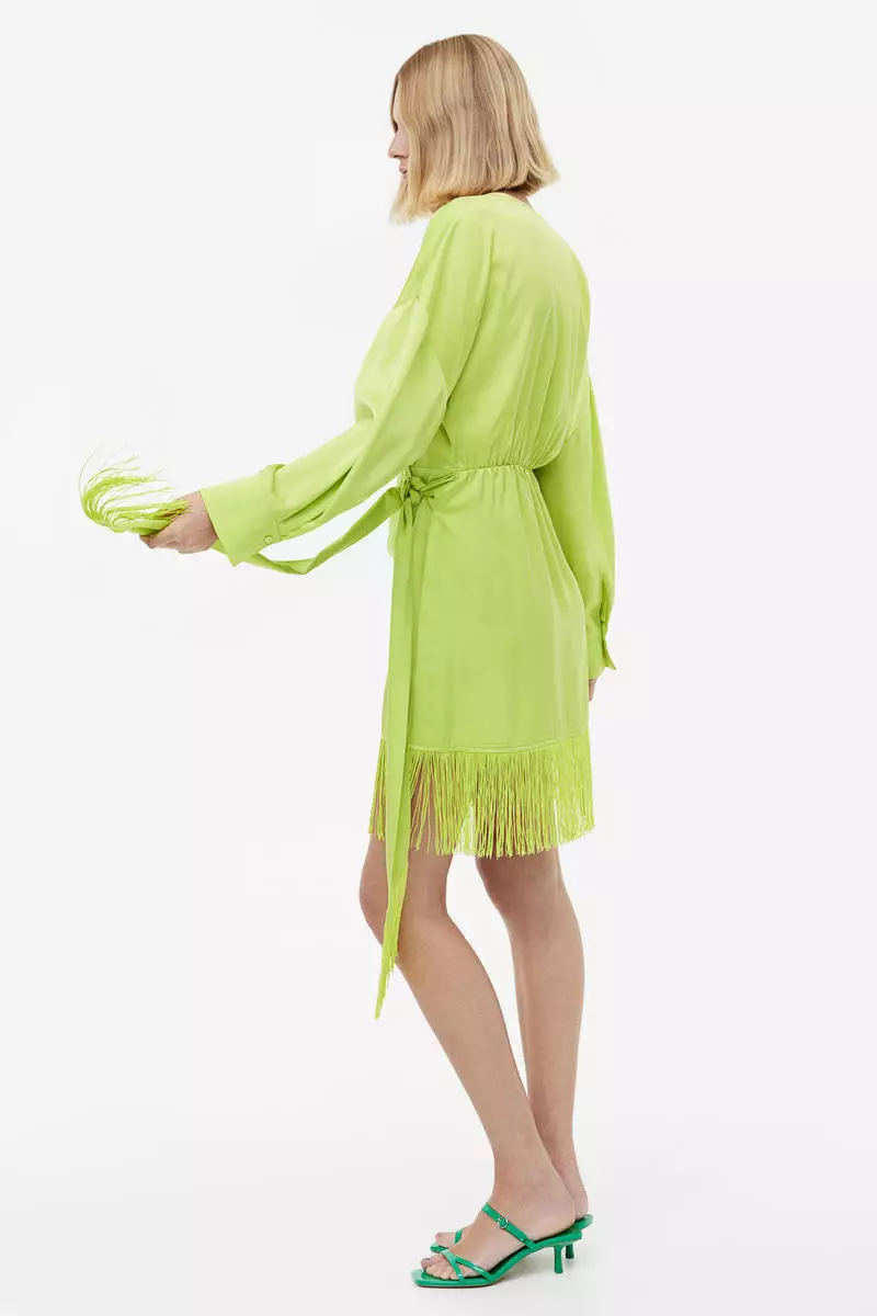 Fringe-trimmed satin wrap dress
