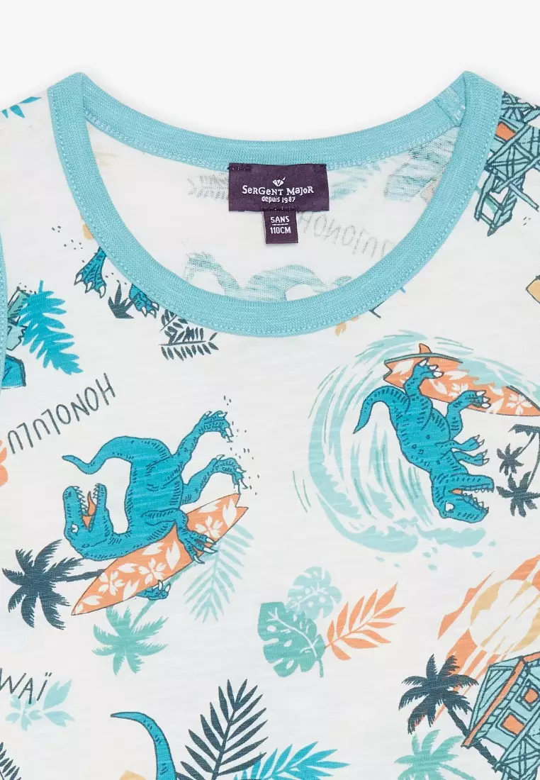 Ecru Tank Top Mit Surfer-Dinosaurier-Print