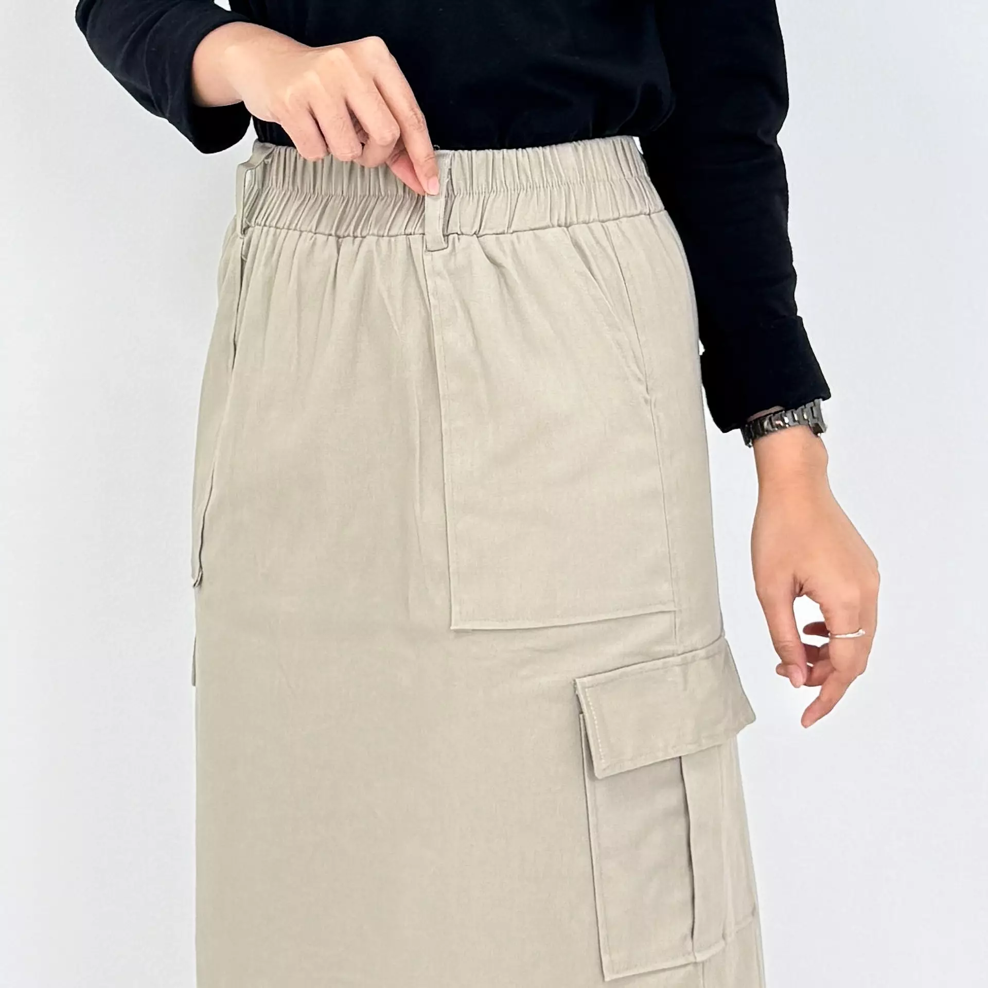 Rok Panjang Cargo Twill Keisha - KREM